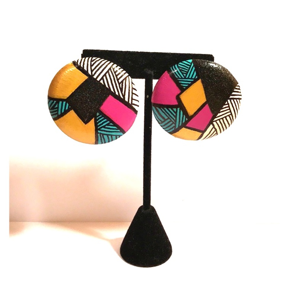 Multicolor Geometric Print ClipOn Button Earrings